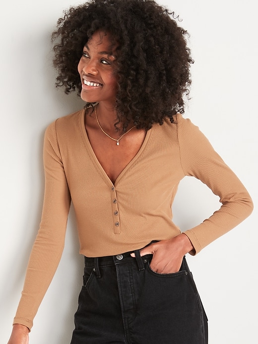 Image number 1 showing, Fitted Long-Sleeve Rib-Knit Henley Top for Women