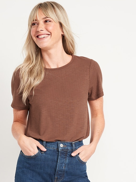 Image number 1 showing, Short-Sleeve Luxe Crew-Neck Rib-Knit T-Shirt for Women