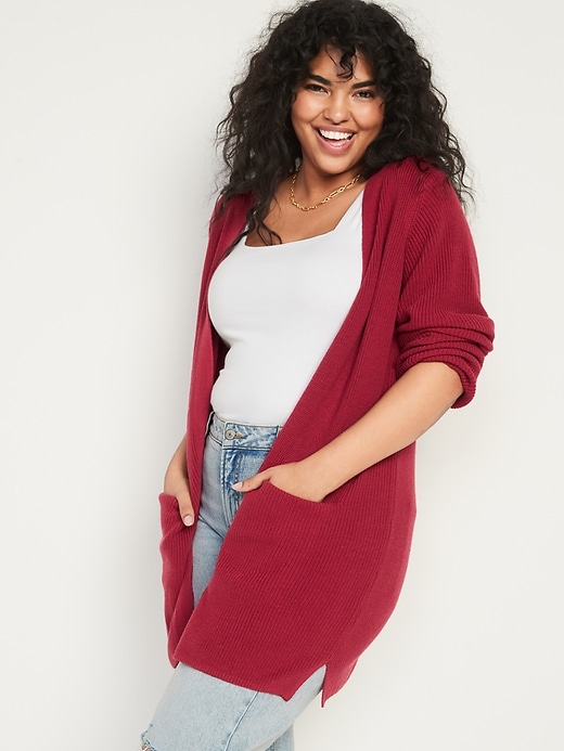 Image number 5 showing, Textured Shaker-Stitch Longline Open-Front Cardigan Sweater for Women