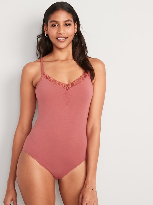 Image number 1 showing, Lace-Trimmed Supima® Cotton-Blend Cheeky Bodysuit