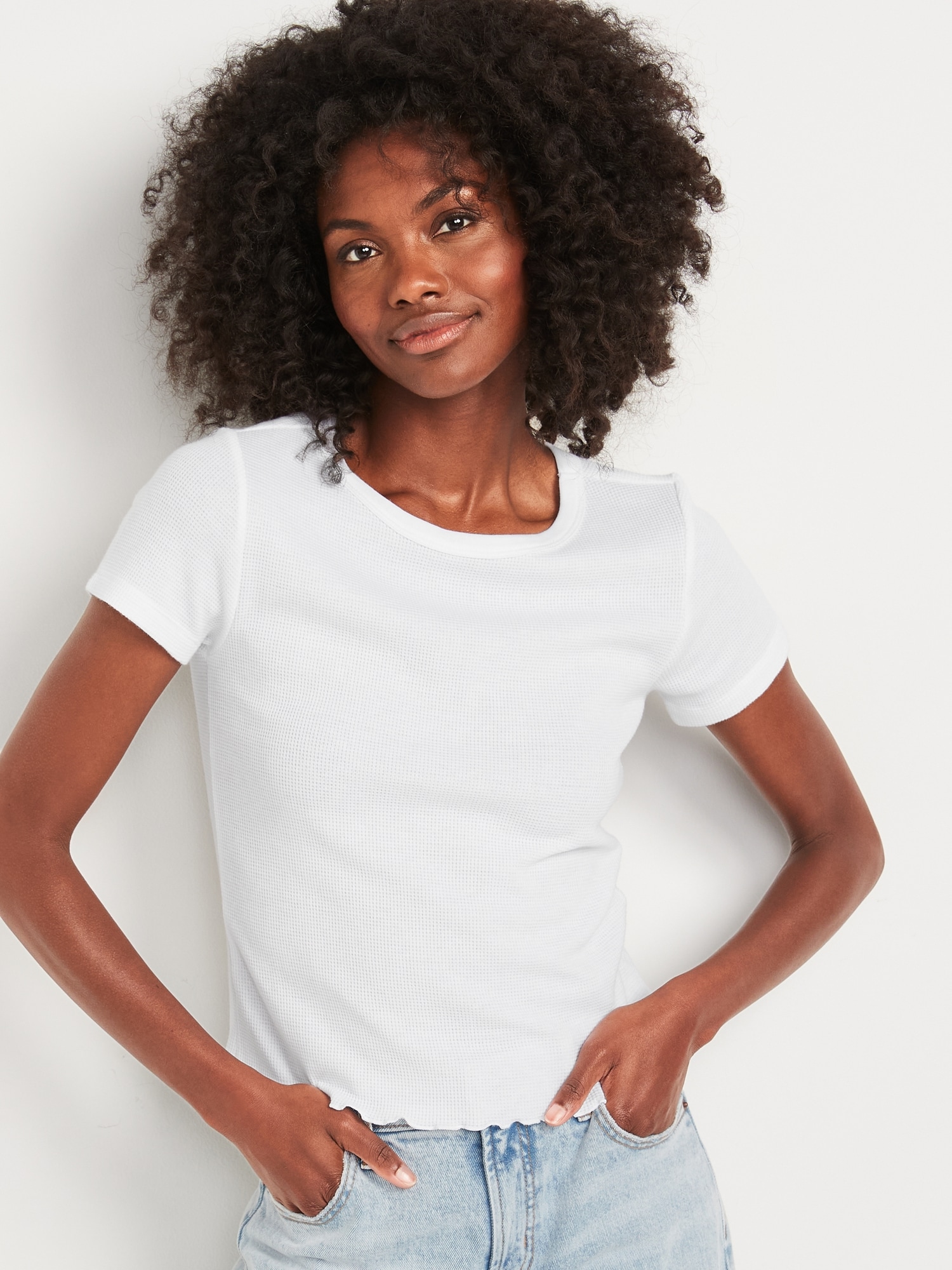 Old Navy Short-Sleeve Cropped Lettuce-Edge Waffle-Knit T-Shirt for Women white. 1