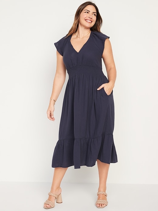 Waist-Defined Flutter-Sleeve Smocked Midi Dress for Women | Old Navy