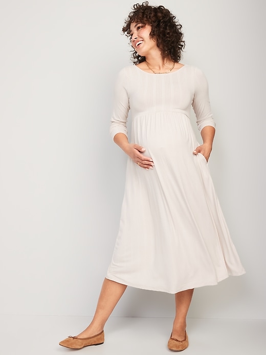 Maternity Off The Shoulder Flare Sleeve Rib Split Midi Dress