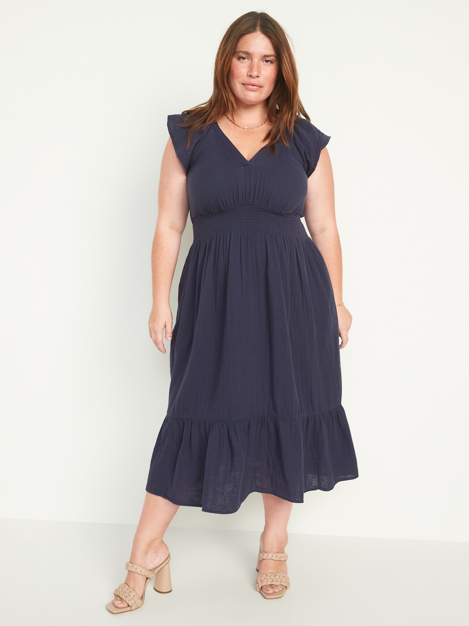 Waist-Defined Flutter-Sleeve Smocked Midi Dress for Women | Old Navy