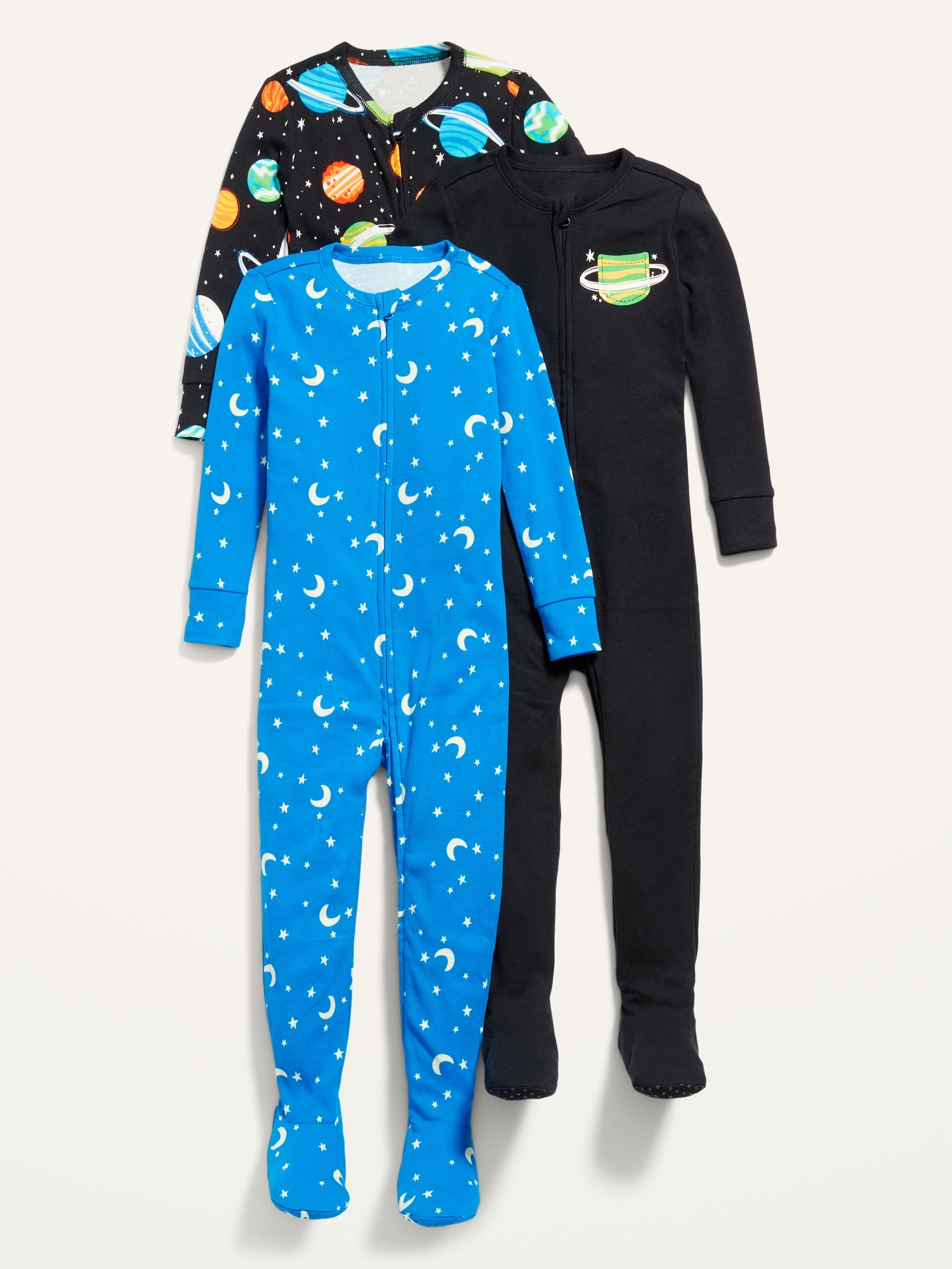 Unisex 2 Way Zip Printed Footie Pajama One Piece 3 Pack for