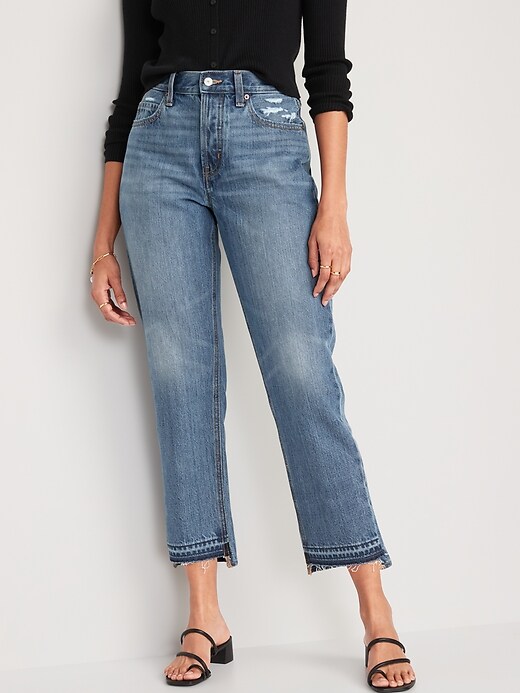 Image number 1 showing, High-Waisted Button-Fly Slouchy Straight Cropped Non-Stretch Cut-Off Jeans