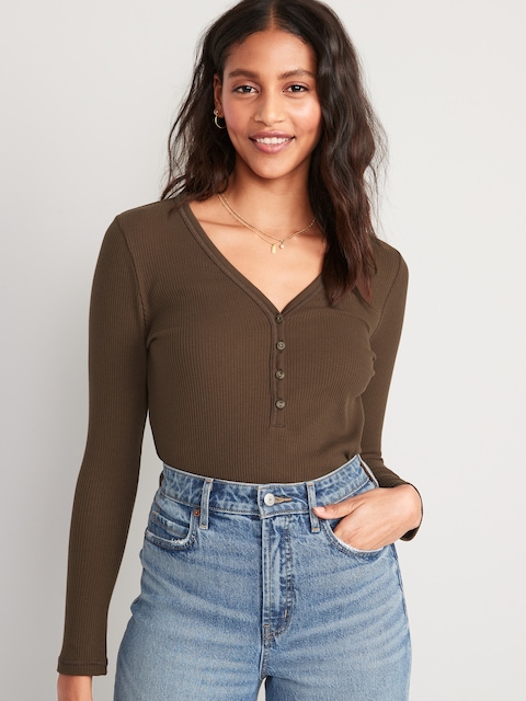 Fitted Long-Sleeve Rib-Knit Henley Top - Espresso