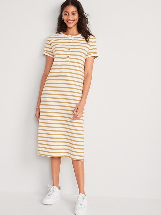 Image number 1 showing, Short-Sleeve Striped Henley Midi Shift Dress for Women