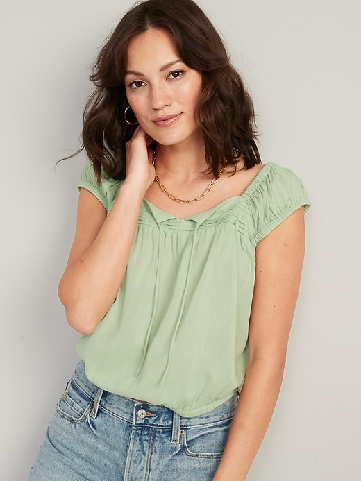 Image number 1 showing, Cap-Sleeve Cropped Pintucked Poet Blouse for Women