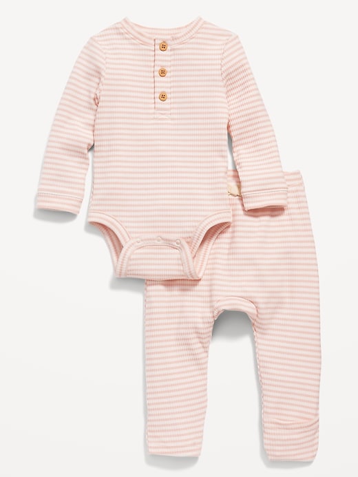 View large product image 1 of 1. Unisex 2-Piece Rib-Knit Henley Bodysuit and Leggings Layette Set for Baby