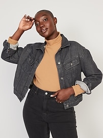 Cropped Black-Wash Non-Stretch Jean Jacket for Women