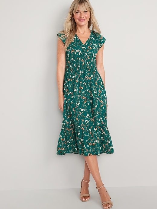 old navy green dress with flowers Retro Stage V-neck Floral Button-Up Puff Sleeves Midi Dress for Daily Casual Picnic Vacation main image 1