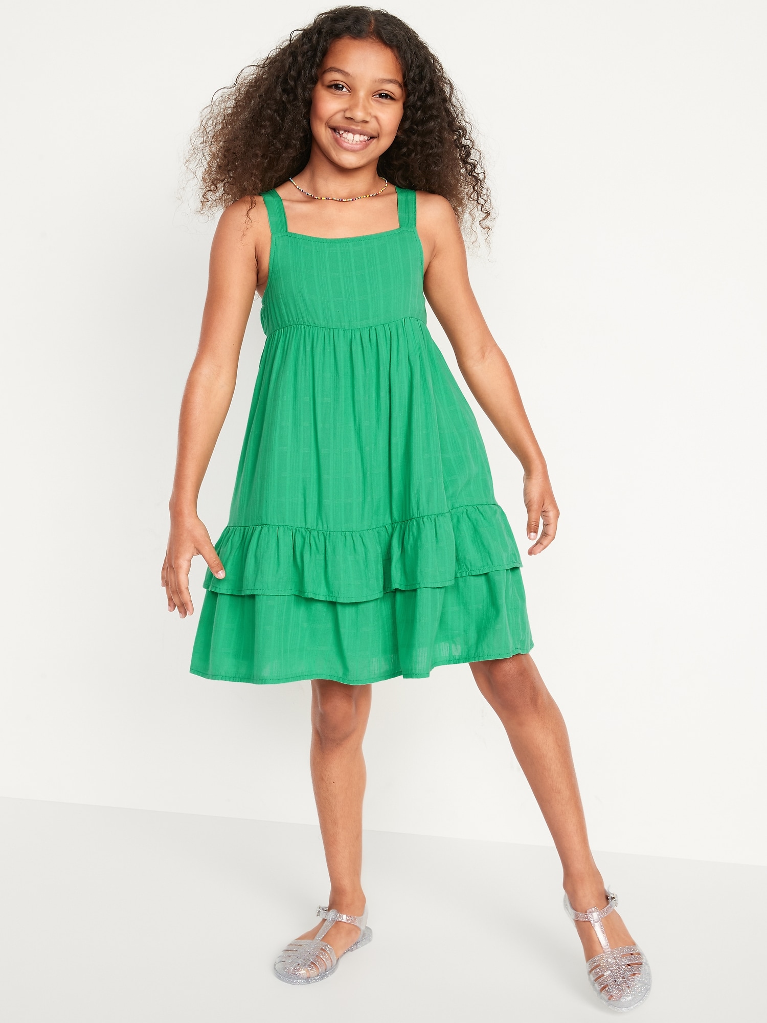 Sleeveless Tiered Textured Dobby All Day Midi Dress for Girls