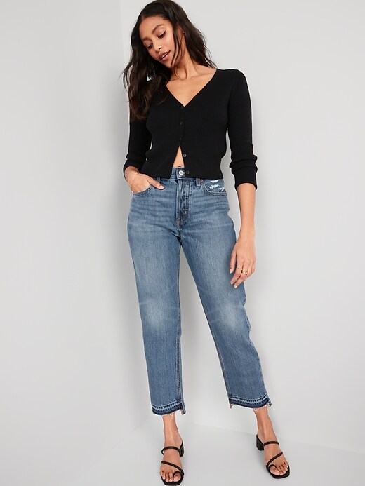 Image number 3 showing, High-Waisted Button-Fly Slouchy Straight Cropped Non-Stretch Cut-Off Jeans for Women