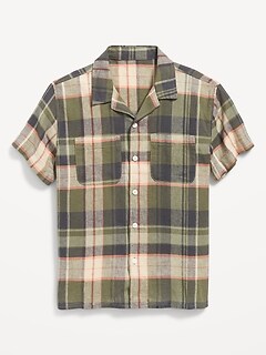 Short-Sleeve Matching Plaid Linen-Blend Shirt for Boys