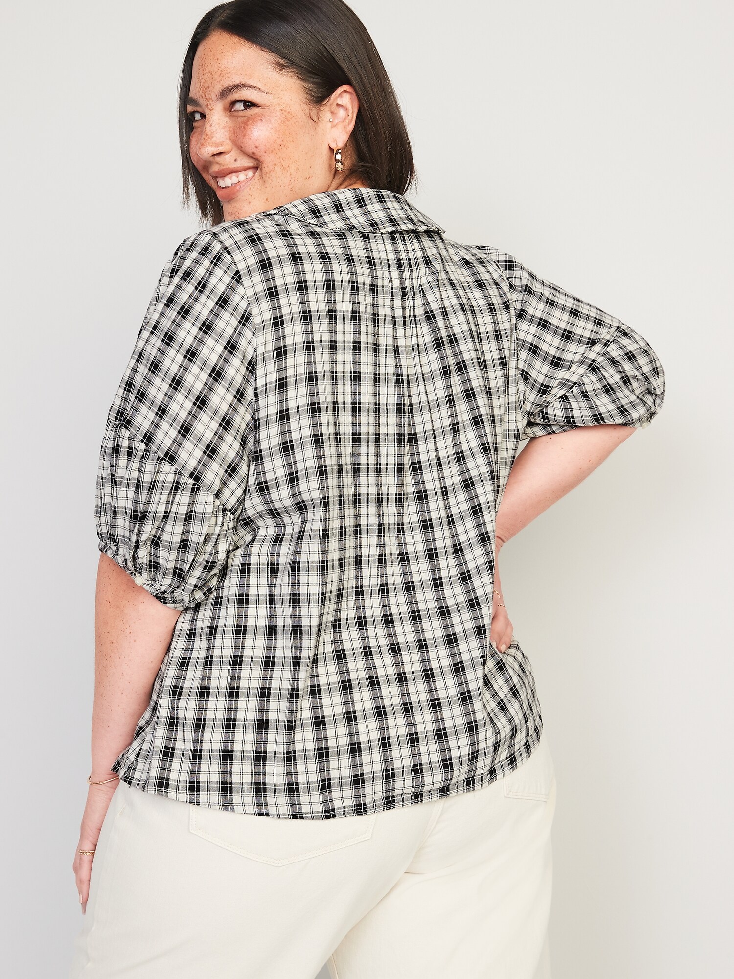 Puff-Sleeve Plaid Peter Pan Collar 