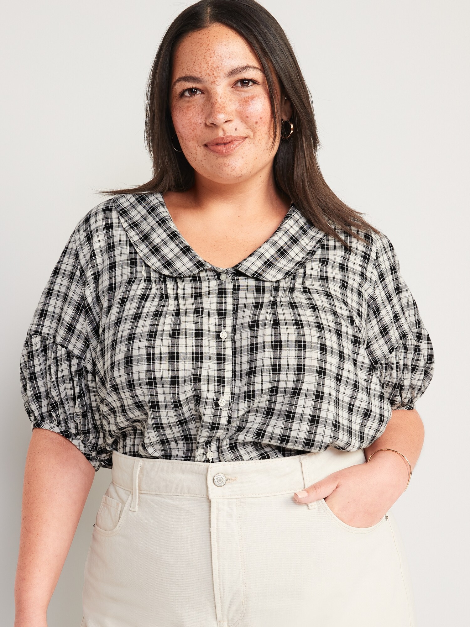 Puff-Sleeve Plaid Peter Pan Collar 