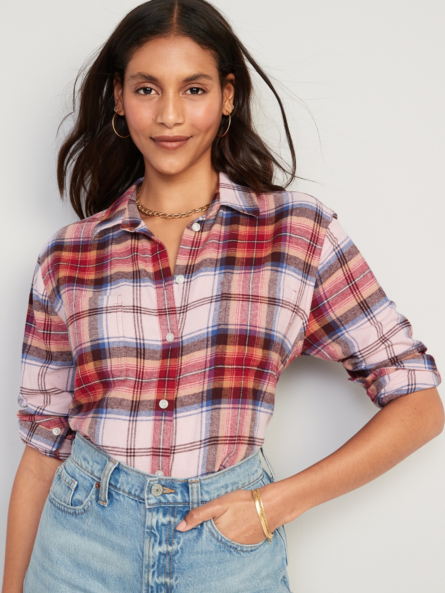 Old Navy Cropped Plaid Flannel Boyfriend Shirt for Women red. 1