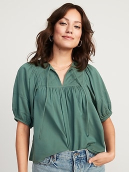 Puff-Sleeve Split-Neck Quilted Swing Blouse for Women