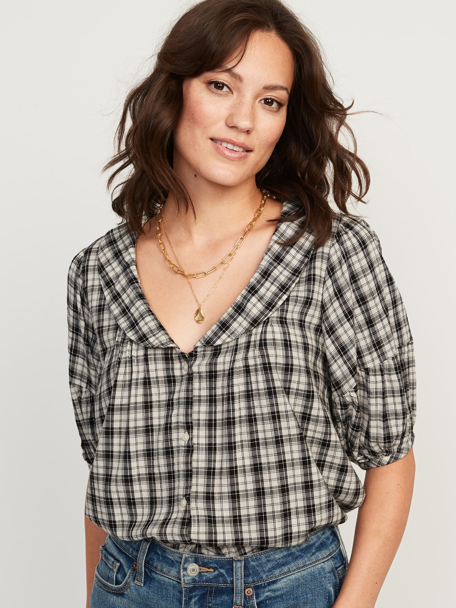 Puff sleeve plaid shirt hot sale