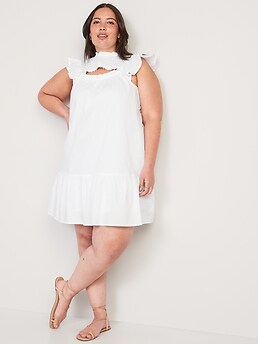 Flutter-Sleeve Cotton-Poplin Smocked Cut-Out Mini Swing Dress for Women