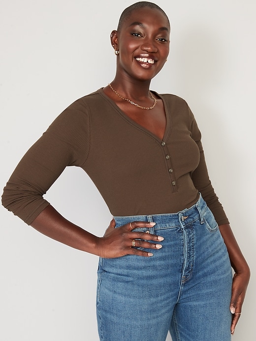 Image number 5 showing, Fitted Long-Sleeve Rib-Knit Henley Top