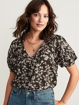 Puff-Sleeve Floral-Print Peter Pan Collar Shirt for Women