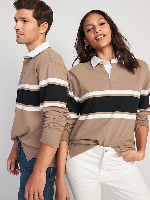 Image number 1 showing, Loose Striped Gender-Neutral Long-Sleeve Rugby Polo Shirt for Adults