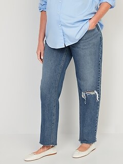 Maternity Full Panel Slouchy Straight Ripped Cut-Off Jeans