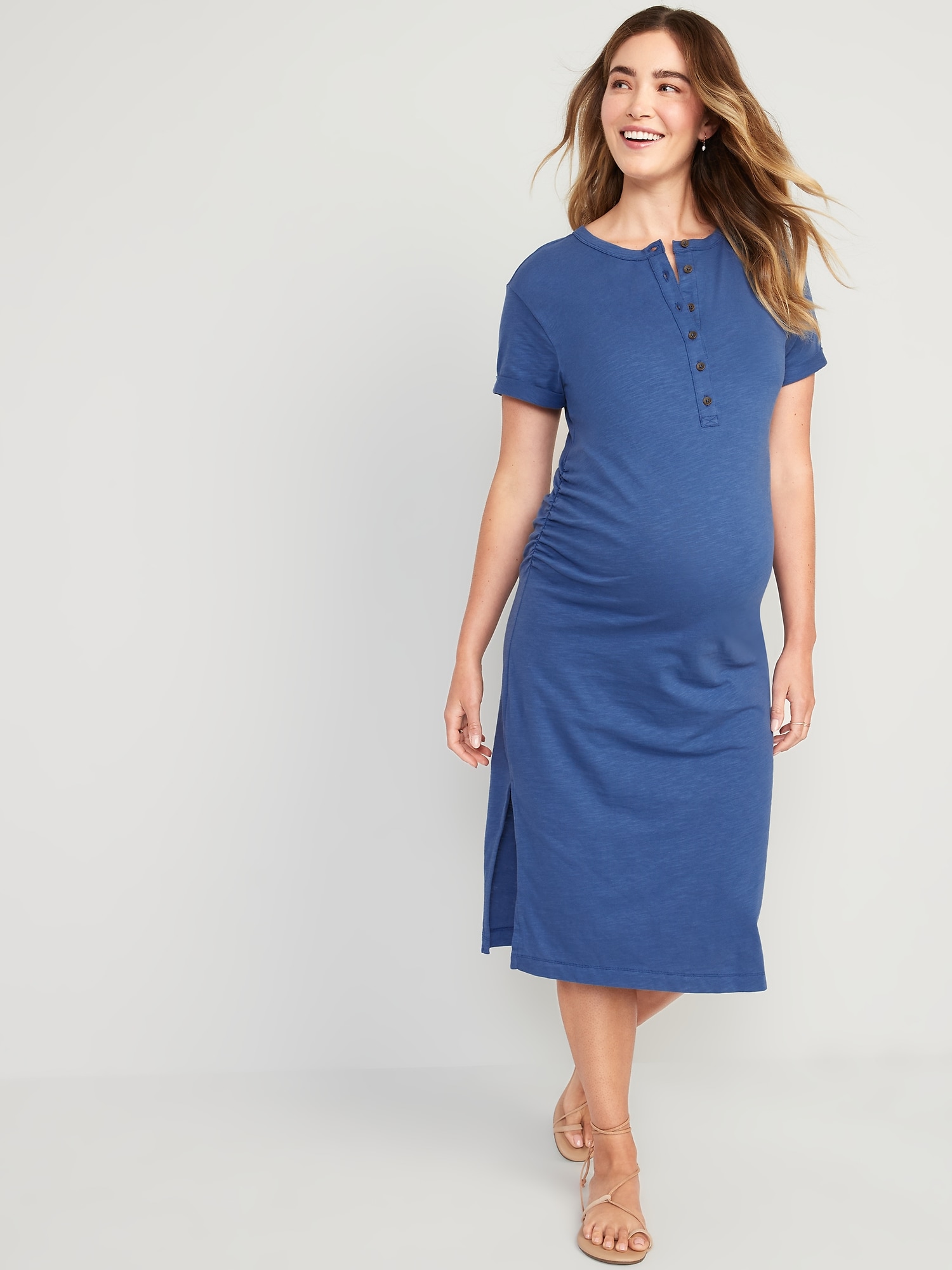 H&H Maternity Ruched Henley Dress Blue Mid