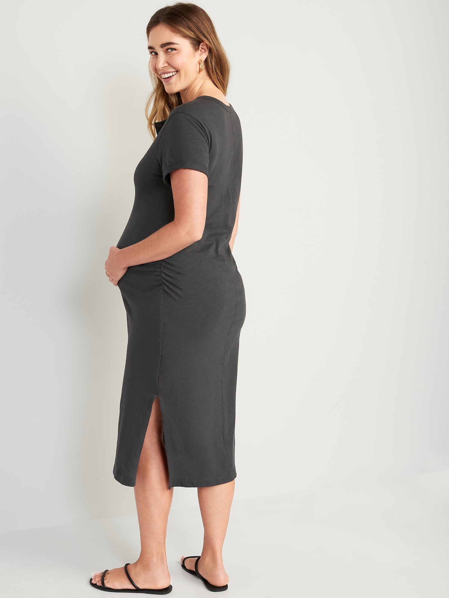 H&H Maternity Ruched Henley Dress Blue Mid