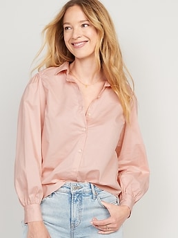Long-Sleeve Smocked Cotton-Poplin Shirt for Women