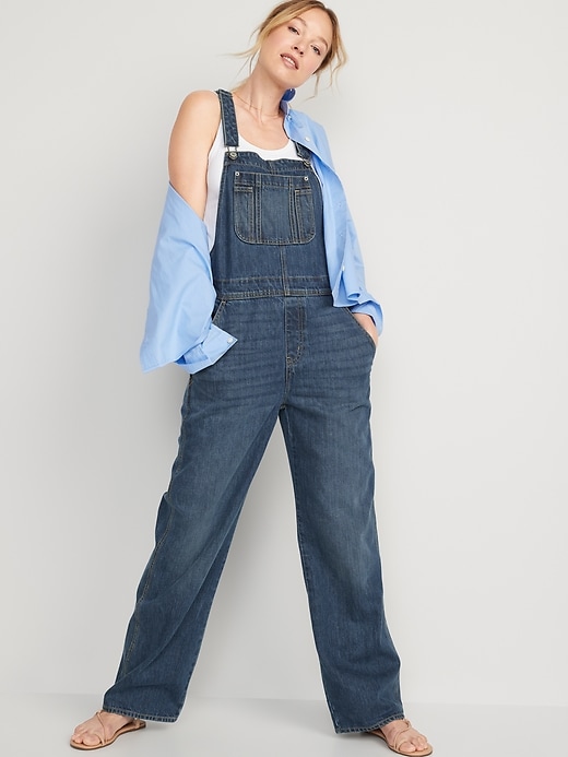 Image number 1 showing, Baggy Wide-Leg Non-Stretch Jean Overalls