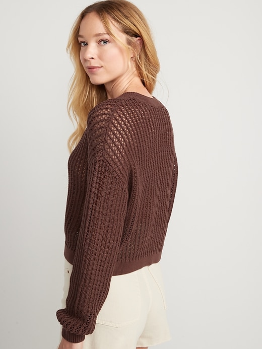 Image number 2 showing, Long-Sleeve Cropped Crochet Sweater for Women