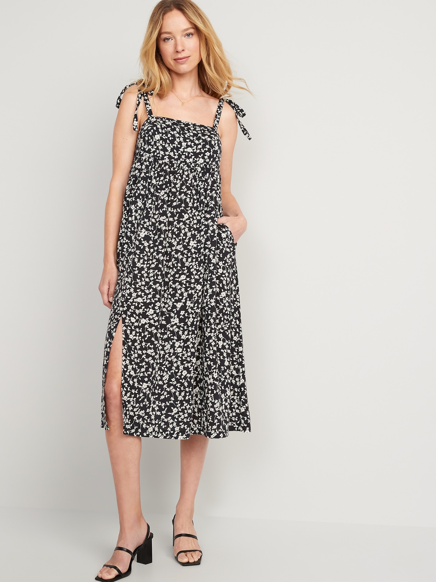 Tie-Shoulder Floral-Print Split-Front Midi Swing Dress for Women | Old Navy