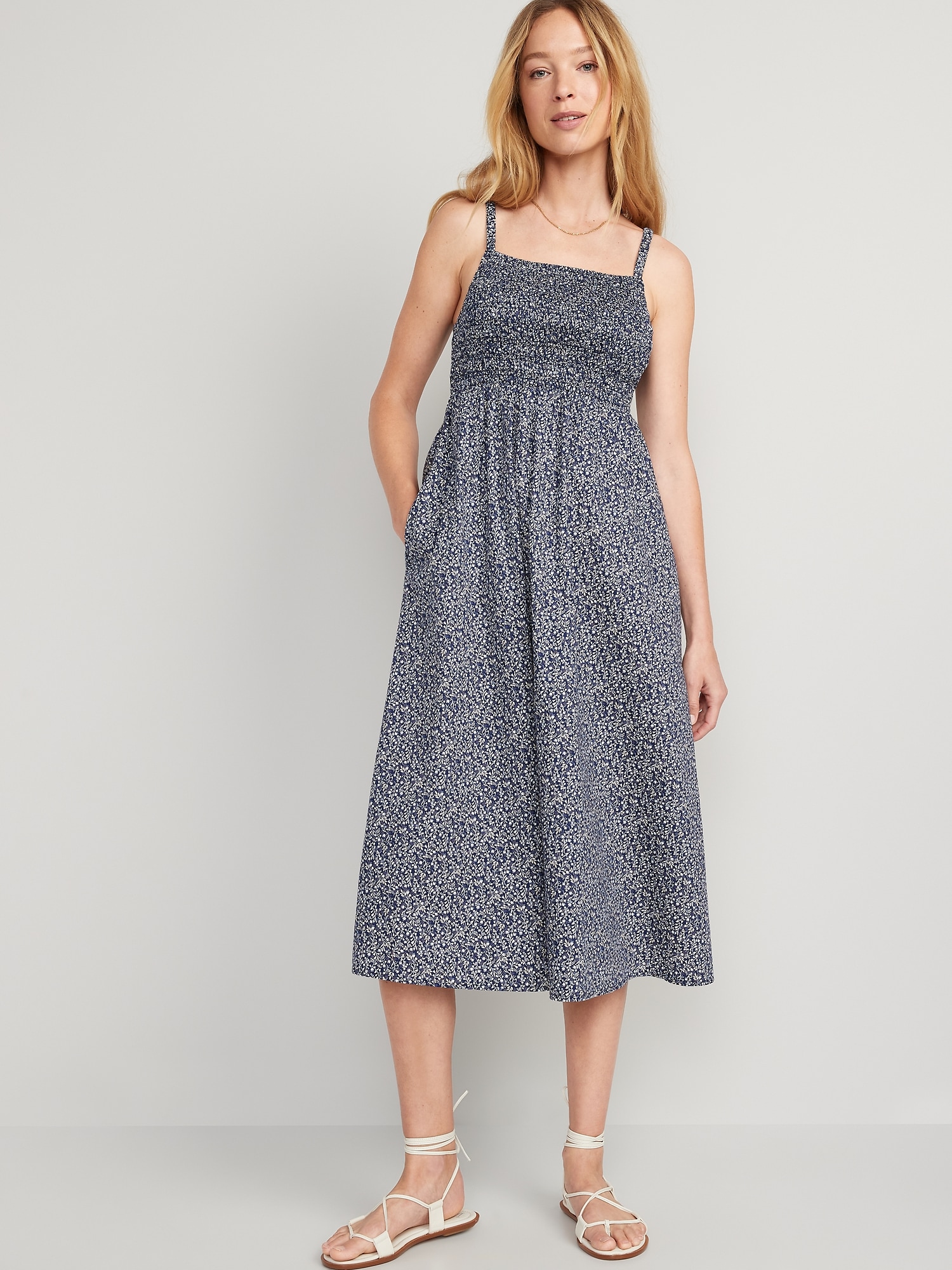 Fit & Flare Cotton-Poplin Smocked Cutout Cami Midi Dress for Women ...
