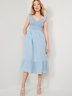 Fit & Flare Non-Stretch Jean Smocked Midi Dress for Women