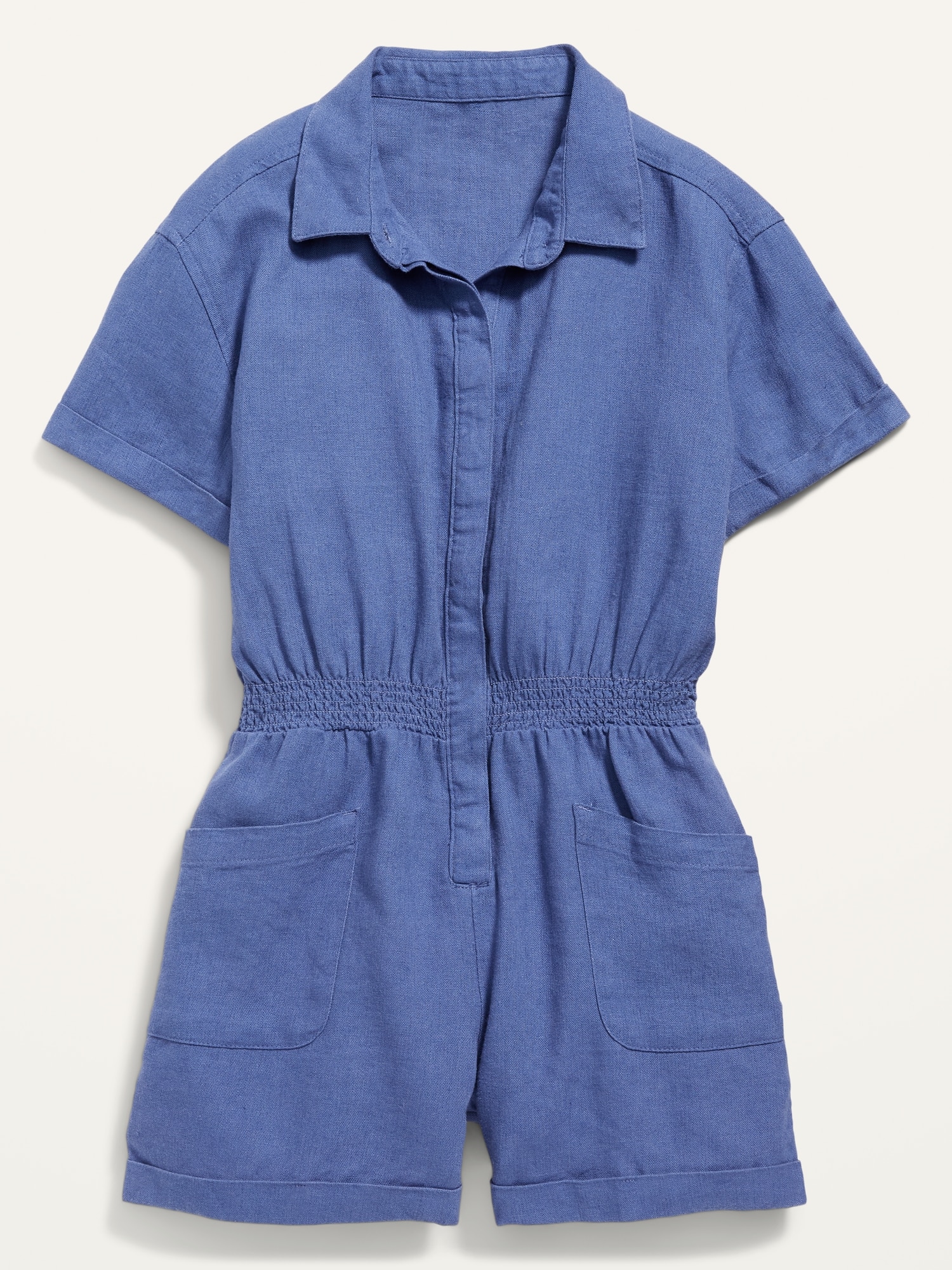 Short-Sleeve Cinched-Waist Linen-Blend Utility Romper for Girls