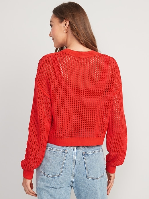 Image number 2 showing, Long-Sleeve Cropped Crochet Sweater for Women