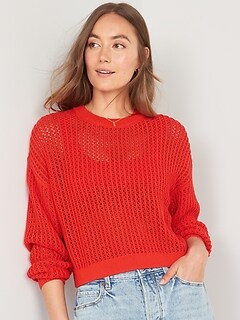 Long-Sleeve Cropped Crochet Sweater for Women