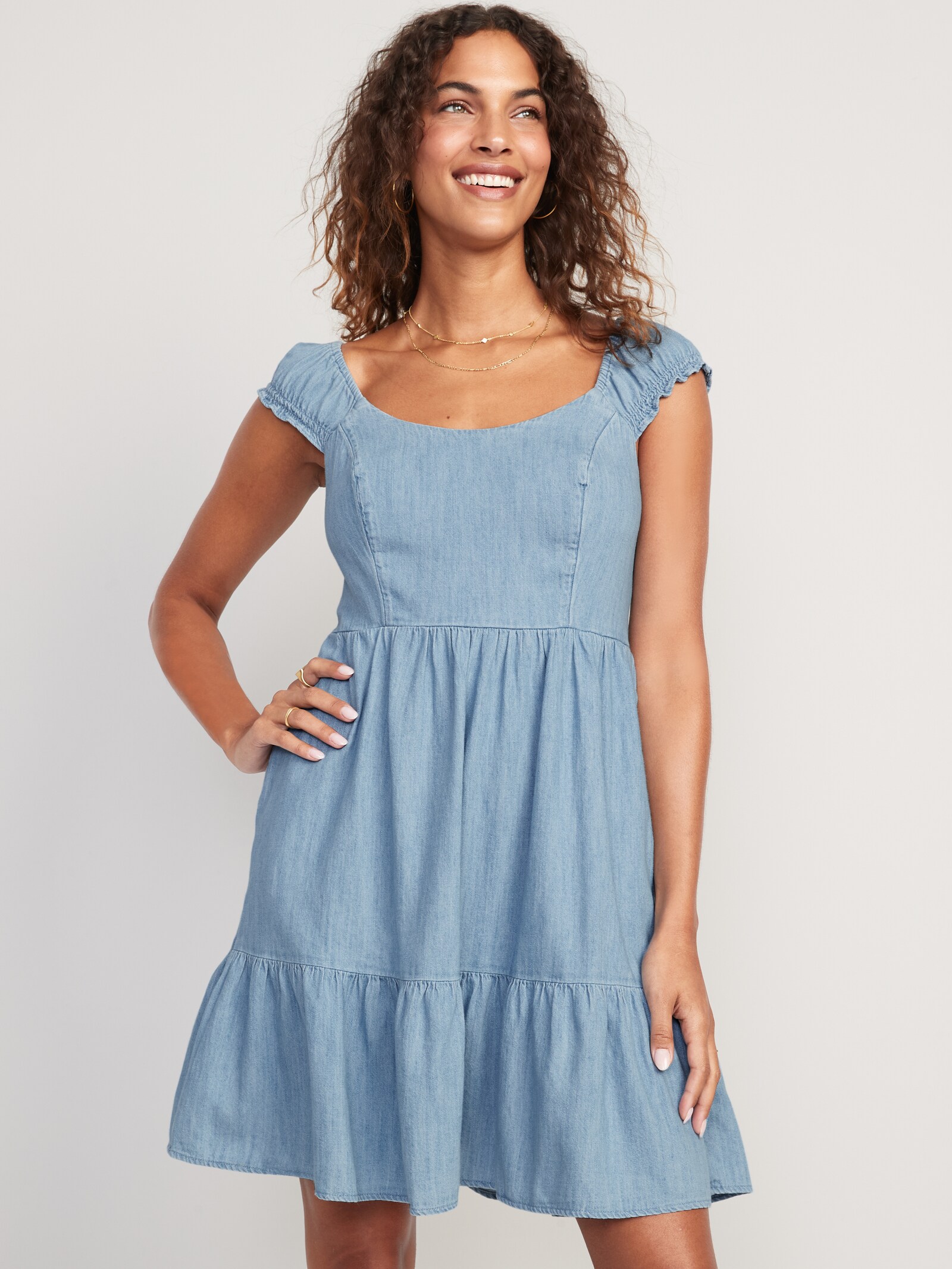 old navy sleeveless ruffled fit and flare chambray dress