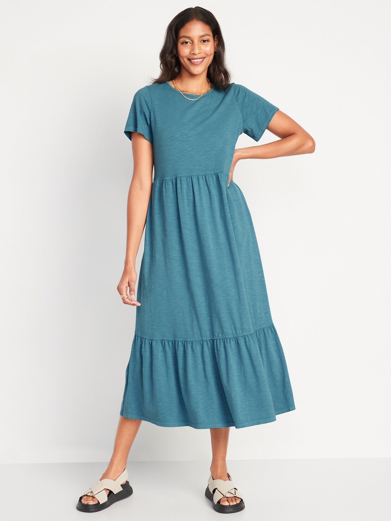 Short-Sleeve Slub-Knit Tiered Midi Swing Dress for Women | Old Navy