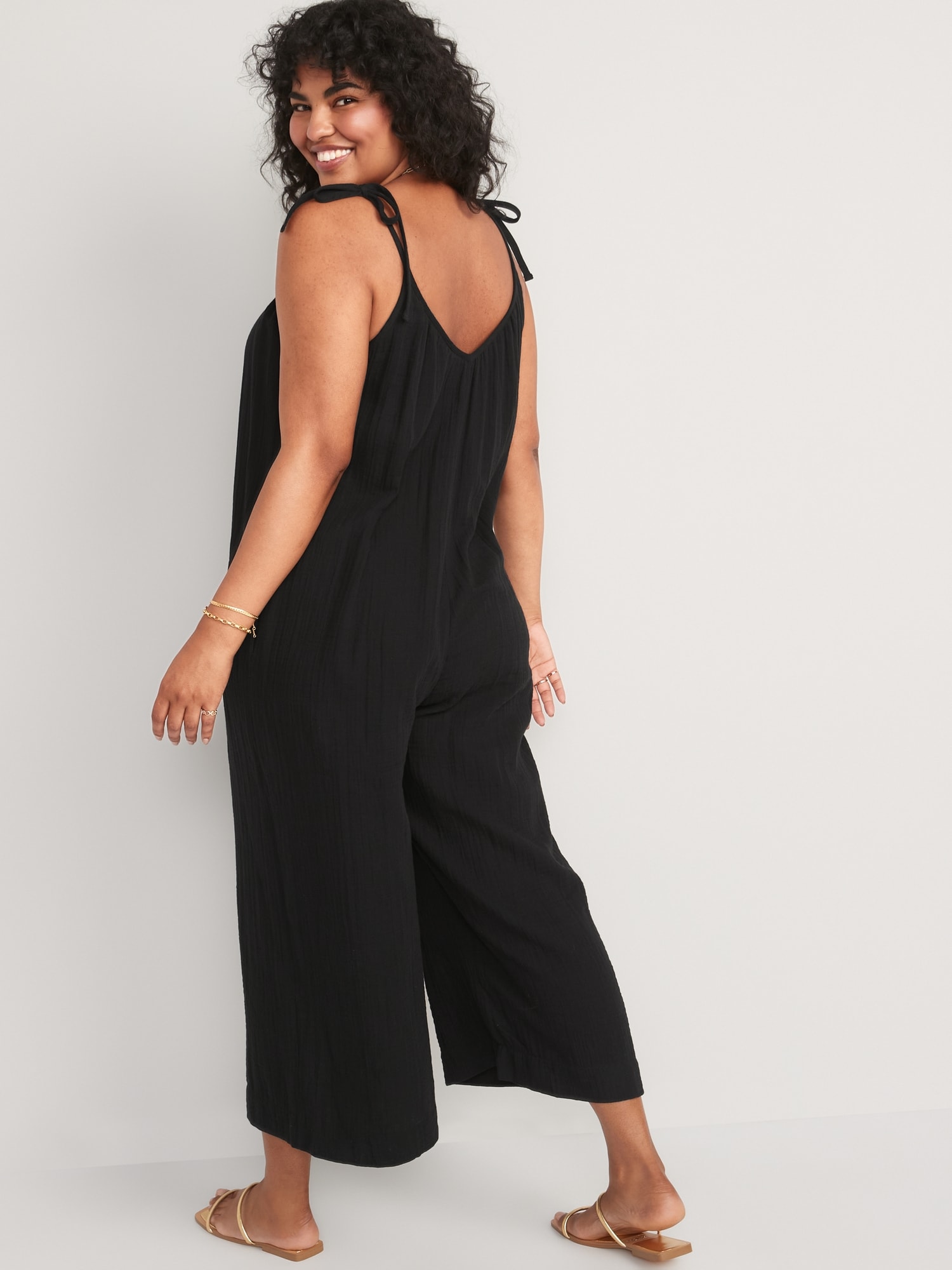 Tie-Shoulder Cropped Crinkled Jumpsuit 