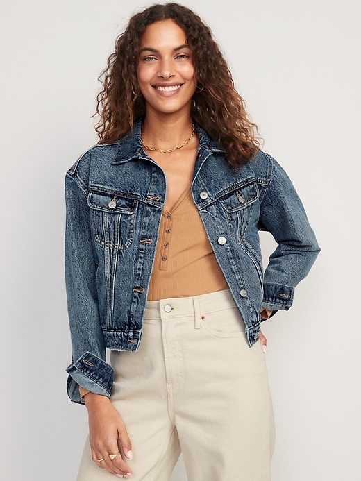 Image number 1 showing, Cropped Non-Stretch Jean Jacket for Women