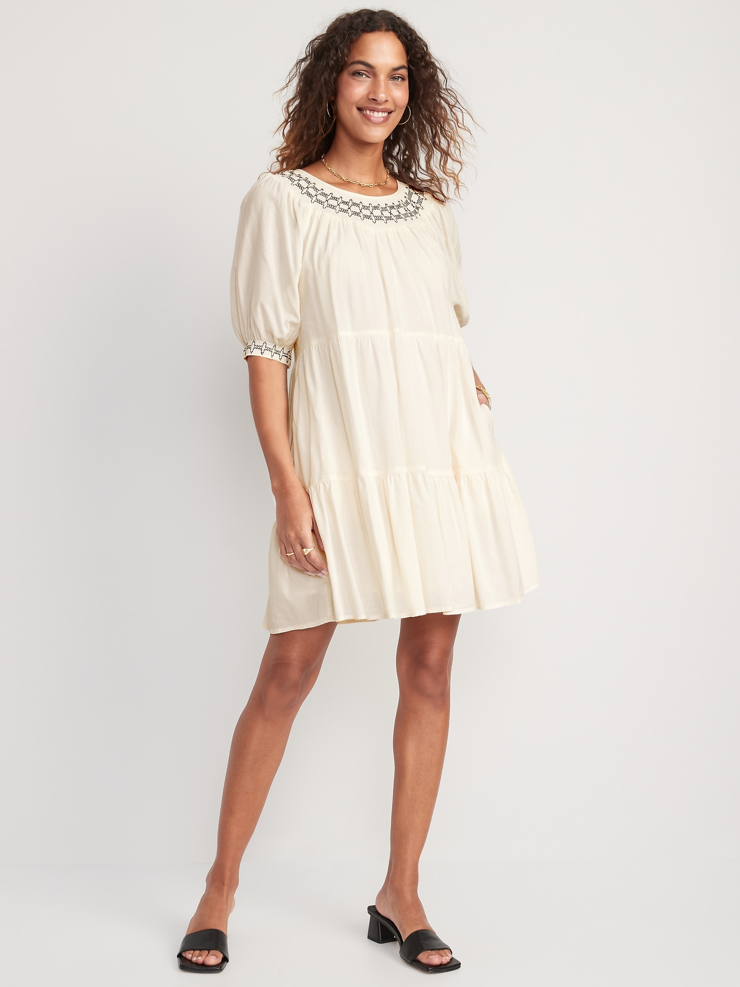 Puff-Sleeve Embroidered Smocked Mini 