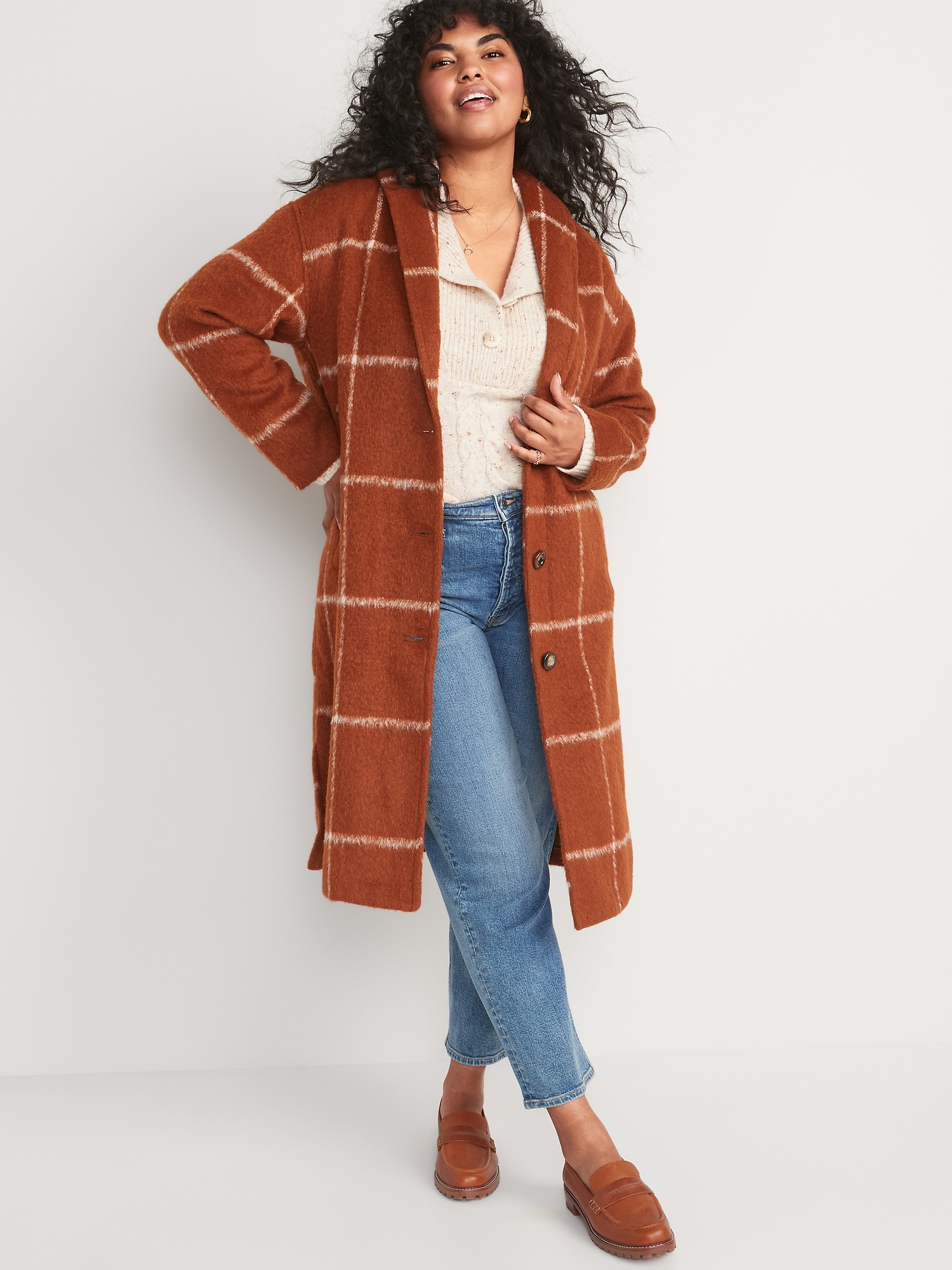 Relaxed Plaid Soft-Brushed Overcoat for Women | Old Navy