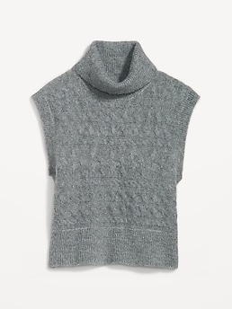 Sleeveless Cropped Cozy Plush-Yarn Cable-Knit Turtleneck Sweater