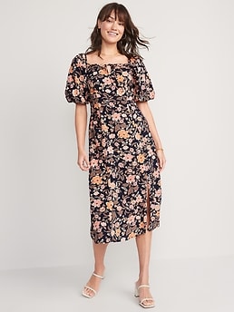 Puff-Sleeve Floral-Print Pintucked Smocked Midi Swing Dress for Women