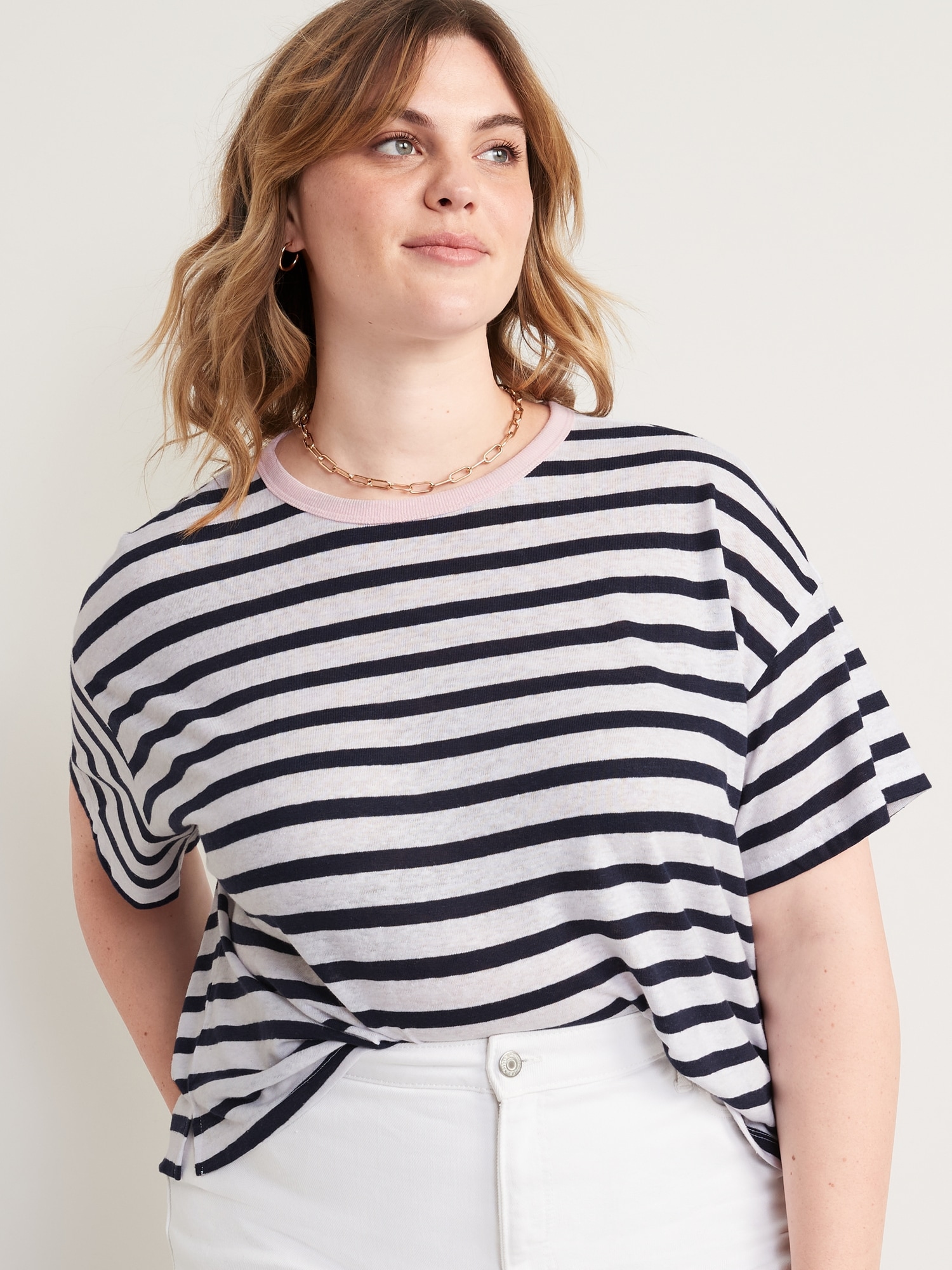 Old Navy Striped Linen-Blend Cropped Henley for Women