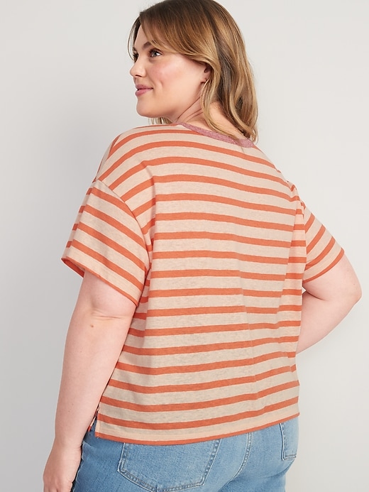 Short-Sleeve Oversized Cropped Striped Linen-Blend T-Shirt for